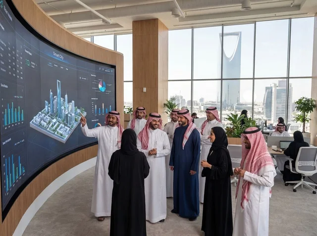 فريق عمل سعودي في مكتب بالرياض مع برج المملكة