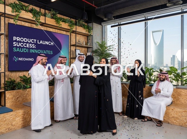 احتفال فريق عمل سعودي في مكتب بالرياض يطل على برج المملكة