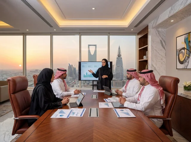 اجتماع عمل سعودي في مكتب بالرياض وقت الغروب
