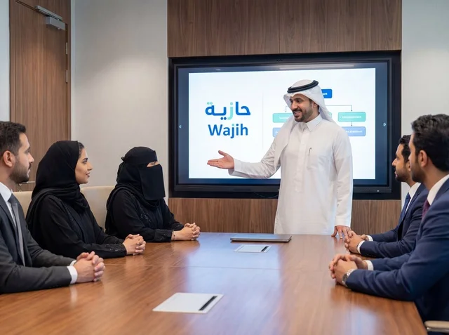 اجتماع فريق عمل سعودي في غرفة اجتماعات مكتبية حديثة