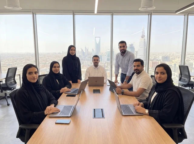 Saudi Team in Riyadh Office with City Skyline View Saudi Team in Riyadh Office with City Skyline View