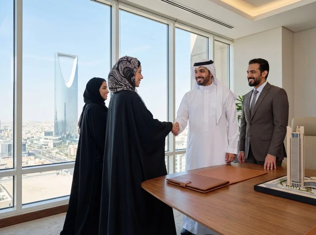 مصافحة فريق عمل سعودي في مكتب حديث يطل على برج المملكة