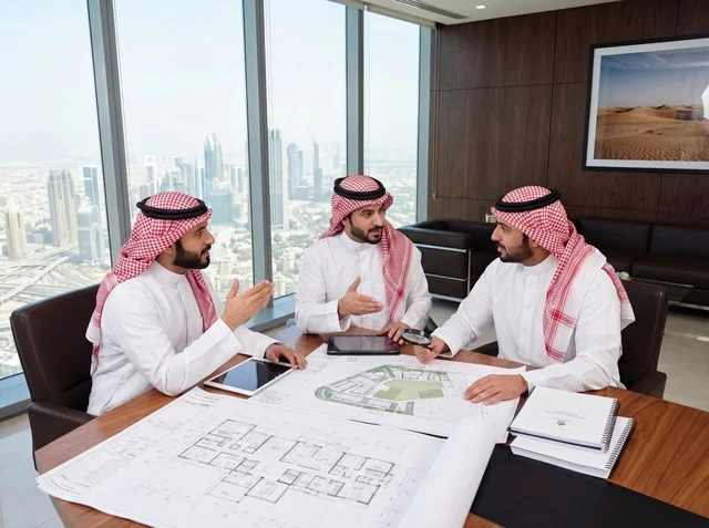 رجال أعمال سعوديون يناقشون مخططات هندسية في مكتب حديث
