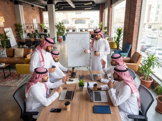 Saudi Businessmen Meeting in Modern Office Space
