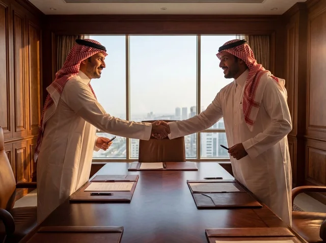 Saudi Businessmen Handshake in Luxury Office City View