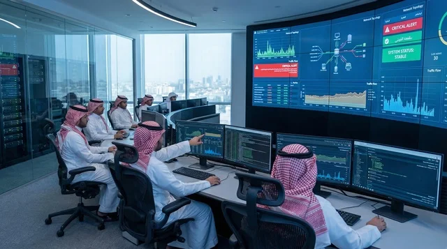 مهندسو تقنية معلومات سعوديون في مركز مراقبة رقمي حديث مهندسو تقنية معلومات سعوديون في مركز مراقبة رقمي حديث
