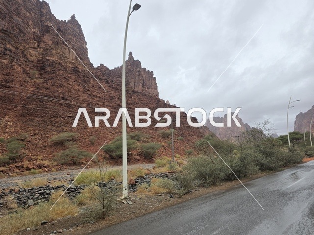 طريق أسفلتي رطب عبر جبال تبوك الحمراء في السعودية