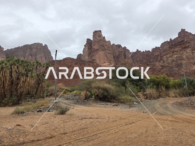 جبال تبوك الصخرية الحمراء في وادي صحراوي
