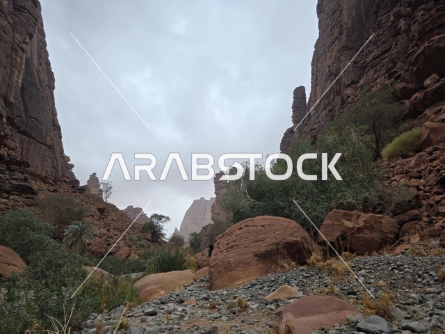 جبال تبوك السعودية تضاريس صخرية حمراء ووادي طبيعي