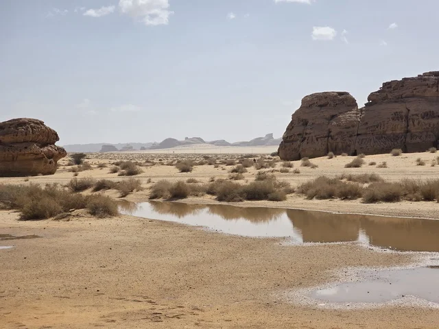 AlUla Desert Landscape with Rainwater Reflection