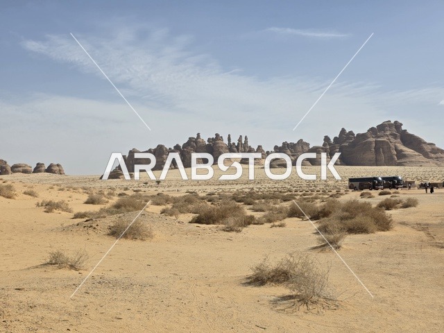 حافلات سياحية عند التكوينات الصخرية في صحراء العلا