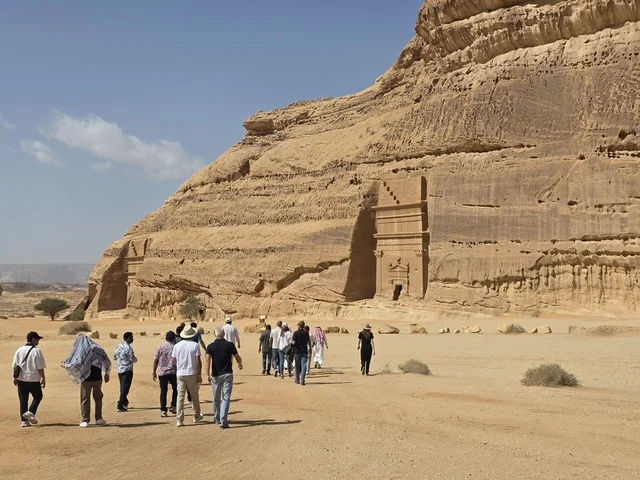 Tourists Visiting Hegra Ancient Tombs in AlUla Saudi Arabia