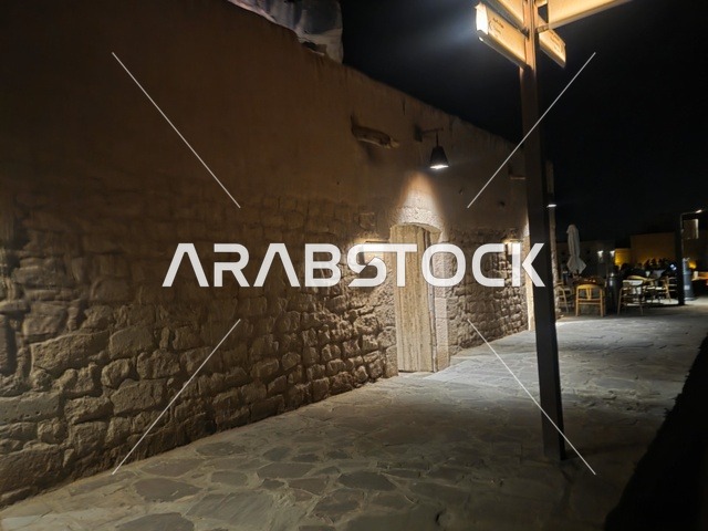 AlUla Old Town Stone Wall and Walkway at Night