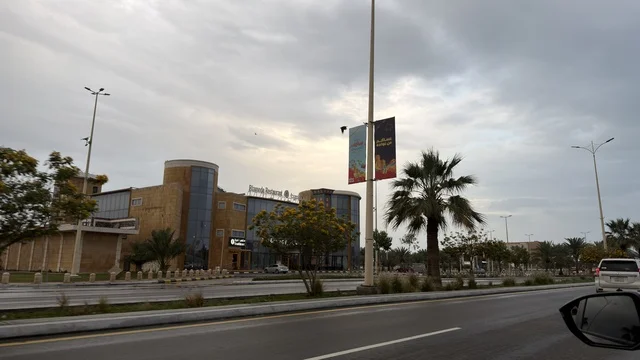 منظر شارع في الدمام مع مبنى تجاري وأشجار نخيل