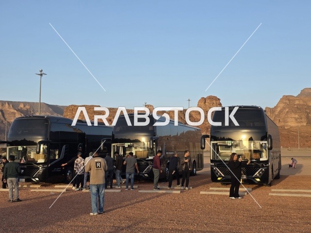 حافلات سياحية فاخرة في صحراء العلا وقت الغروب