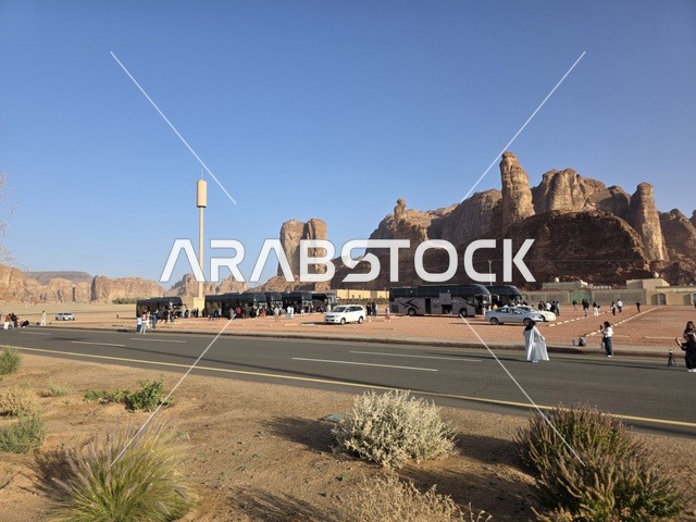 حافلات سياحية عند جبال العلا في السعودية