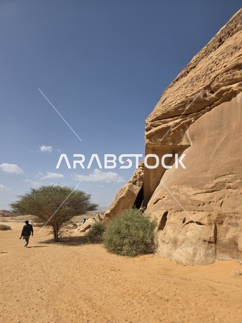 تشكيلات صخرية رملية طبيعية في صحراء العلا بالمملكة العربية السعودية. يوضح ضوء النهار التضاريس الجيولوجية والأرض الرملية تحت سماء صافية, السياحه في العلا