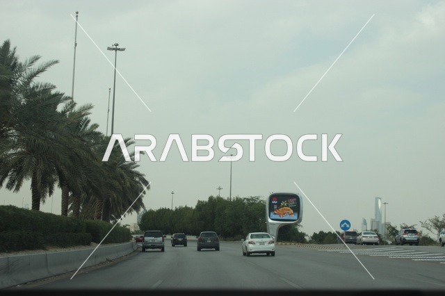 Riyadh Saudi Arabia Street Traffic and Palm Trees