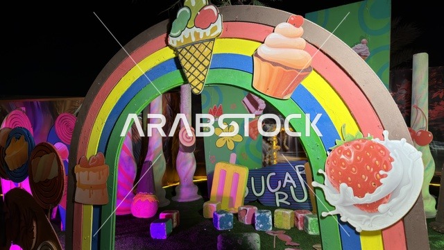 قوس الحلويات في حديقة العجائب بالجبيل ليلاً