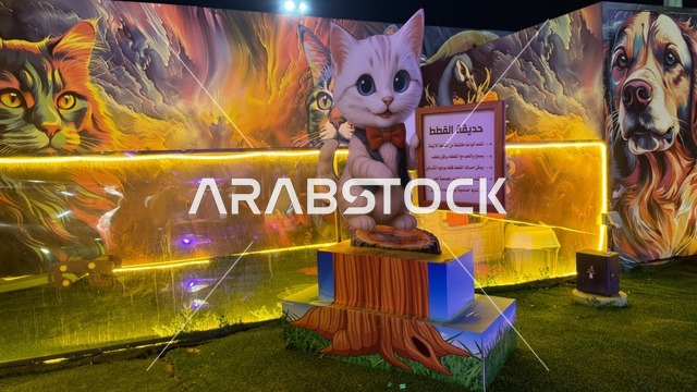 تمثال قطة وجداريات حديقة العجائب في الجبيل ليلاً