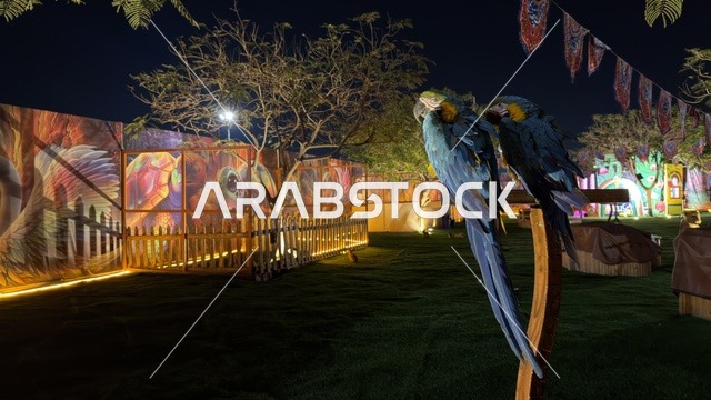 ببغاوات المكاو في حديقة العجائب بالجبيل ليلاً