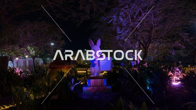 مجسم الأرنب في حديقة العجائب بمدينة الجبيل ليلاً