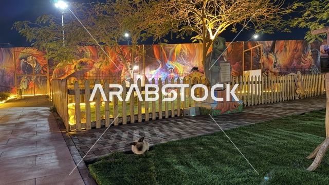 حديقة العجائب في الجبيل ليلاً مع الجداريات الملونة