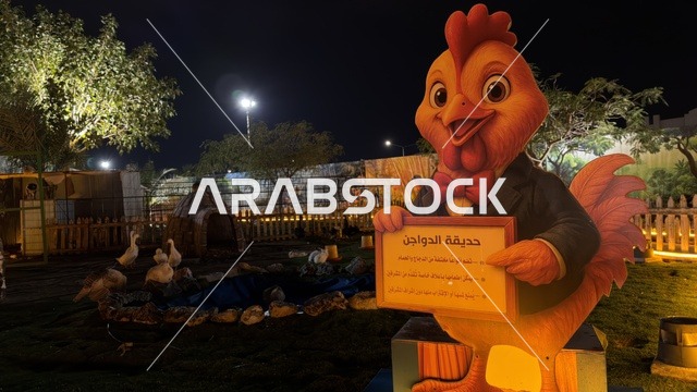 تمثال الديك في حديقة العجائب بالجبيل ليلاً