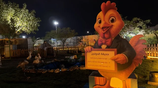 تمثال الديك في حديقة العجائب بالجبيل ليلاً