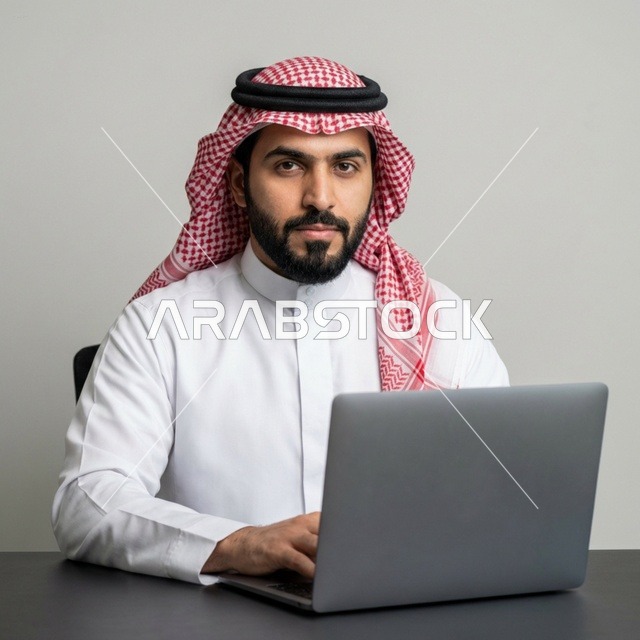 رجل أعمال سعودي يعمل على لاب توب في استوديو