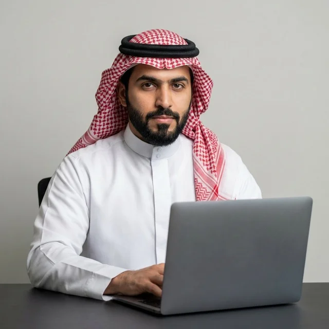 رجل أعمال سعودي يعمل على لاب توب في استوديو