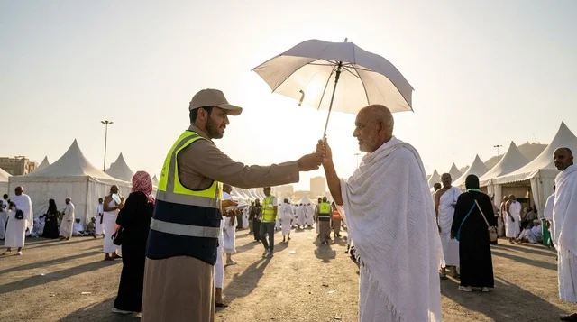 متطوع سعودي يقدم مظلة لحاج في مشعر منى متطوع سعودي يقدم مظلة لحاج في مشعر منى