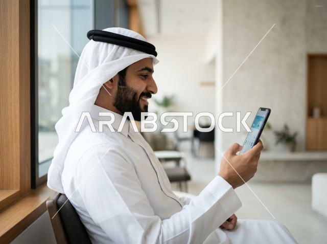 رجل سعودي يستخدم الهاتف الذكي في مكتب حديث