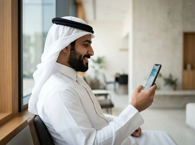 رجل سعودي يستخدم الهاتف الذكي في مكتب حديث