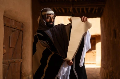 رجل سعودي بالزي التقليدي يقرأ مخطوطة قديمة
