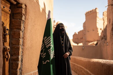 Saudi Woman with National Flag in Historic Village
