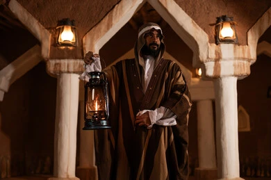 رجل سعودي بالزي التقليدي يحمل فانوساً