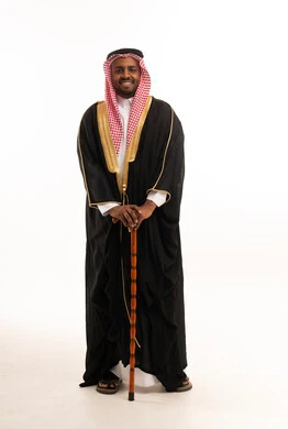 Saudi Man in Black Bisht and Shemagh Full Body Standing