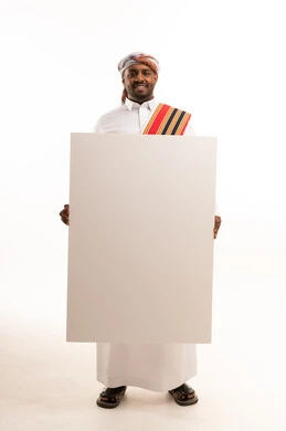 Omani Man Holding Blank White Board Studio Shot