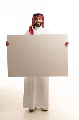 Saudi Man Holding Blank White Board on White Background