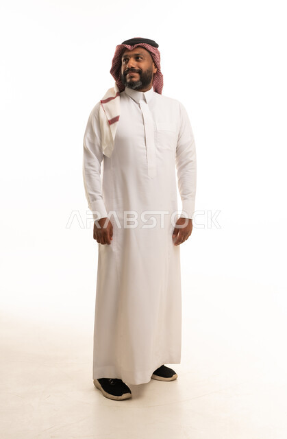 Saudi Man in Traditional White Thobe on White Background