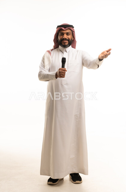 Saudi Man Holding Microphone on White Background