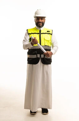 Saudi Male Engineer Holding Blueprint in Studio