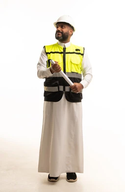 Saudi Engineer in Safety Vest Holding Architectural Plans