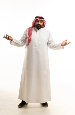 Saudi Man in Traditional Thobe Shrugging on White Background