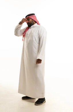 Stressed Saudi Man with Headache on White Background