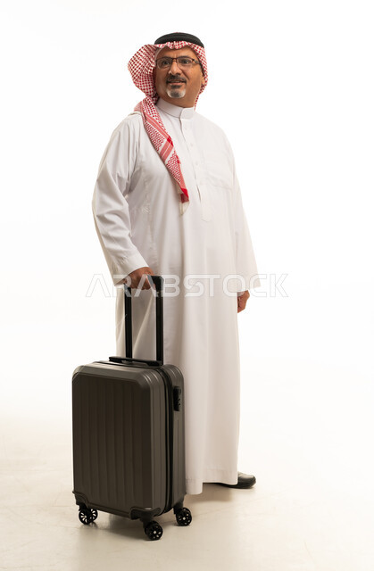 Saudi Man with Suitcase Traveling on White Background