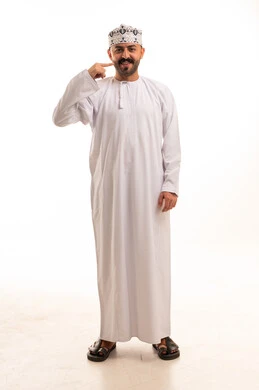 Omani Man in Traditional Dishdasha on White Background