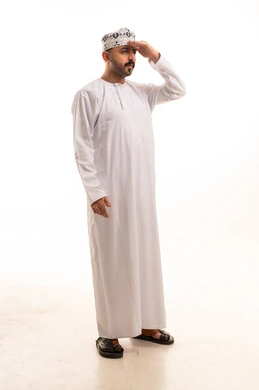 Omani Man in Traditional Dishdasha on White Background