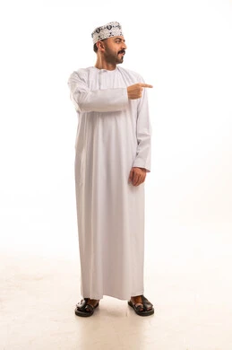 Omani Man in Traditional Dishdasha Pointing on White